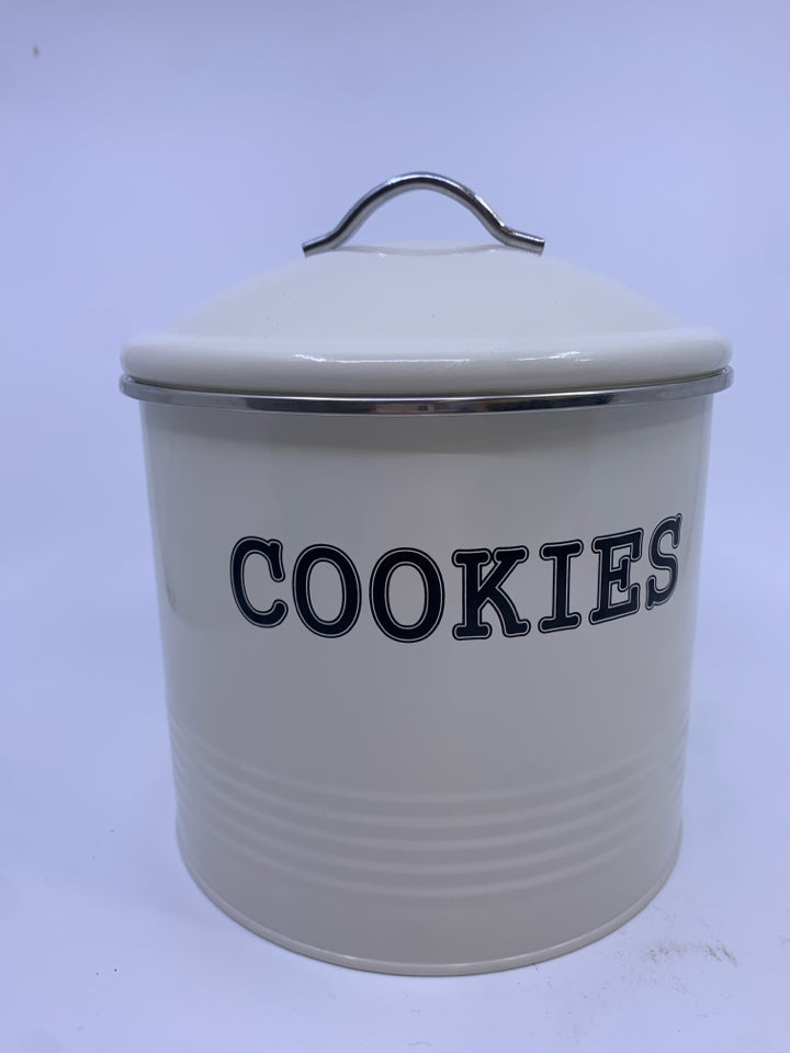 WHITE ENAMEL METAL COOKIE JAR.