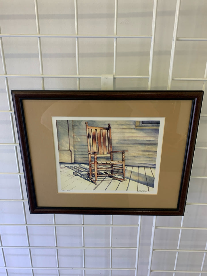 CHAIR ON PORCH WATERCOLOR PAINTING IN BROWN FRAME 12"H X 15"W