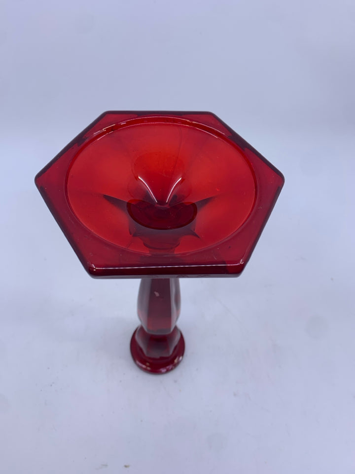 VTG RED GLASS TAPER CANDLE HOLDER.