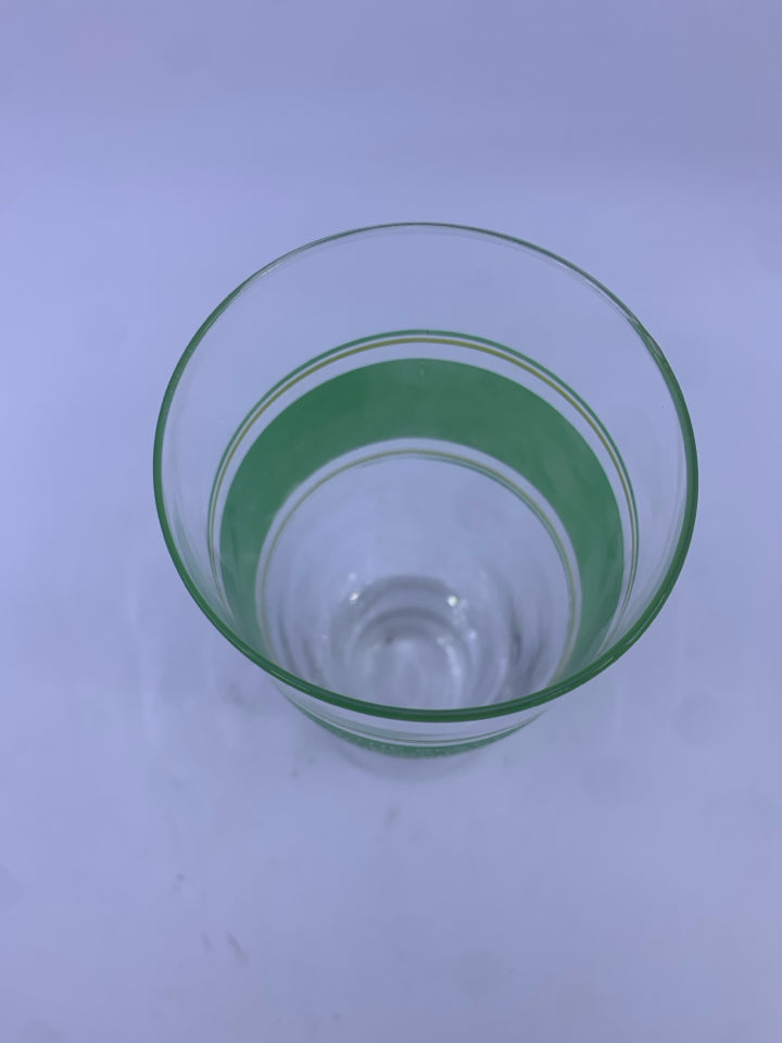 4 GREEN AND YELLOW QUOTED BEER GLASSES.