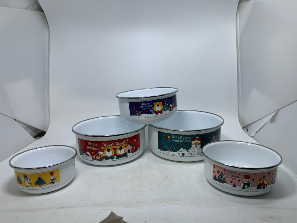 5 NESTING WHITE ENAMEL BOWLS W/ DIFFERENT CHRISTMAS SCENES & LIDS.