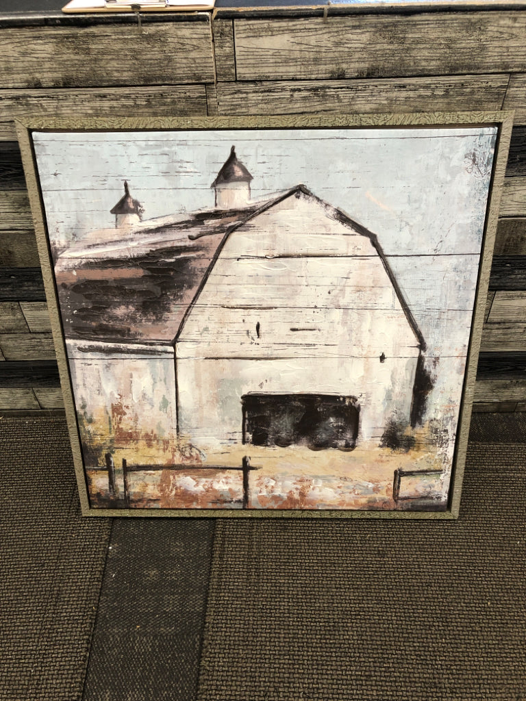 TEXTURED BARN PAINTED CANVAS IN GREEN PAINTED FRAME.