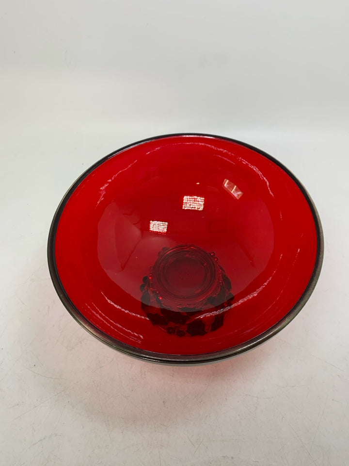 TELEFLORA RED GLASS PEDESTAL BOWL W/ ENAMELED HOLLY BERRY.