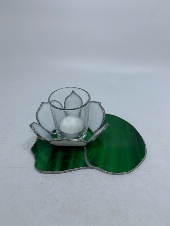 STAINED GLASS LILLY PAD TEA LIGHT HOLDER.