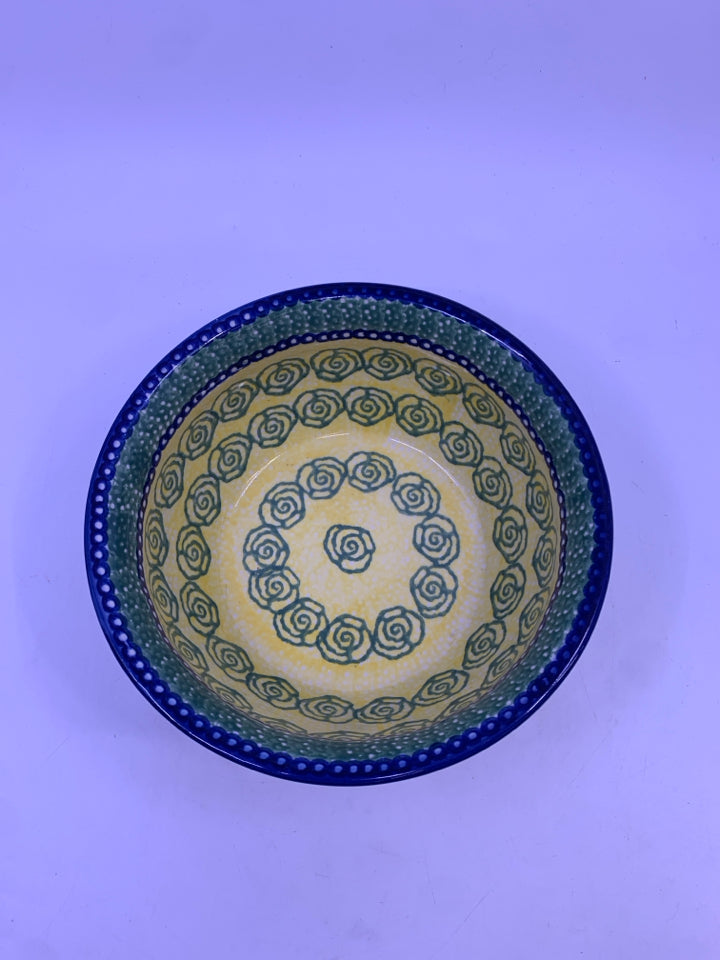 POLISH POTTERY BLUE GREEN ROSE PATTERN BOWL.