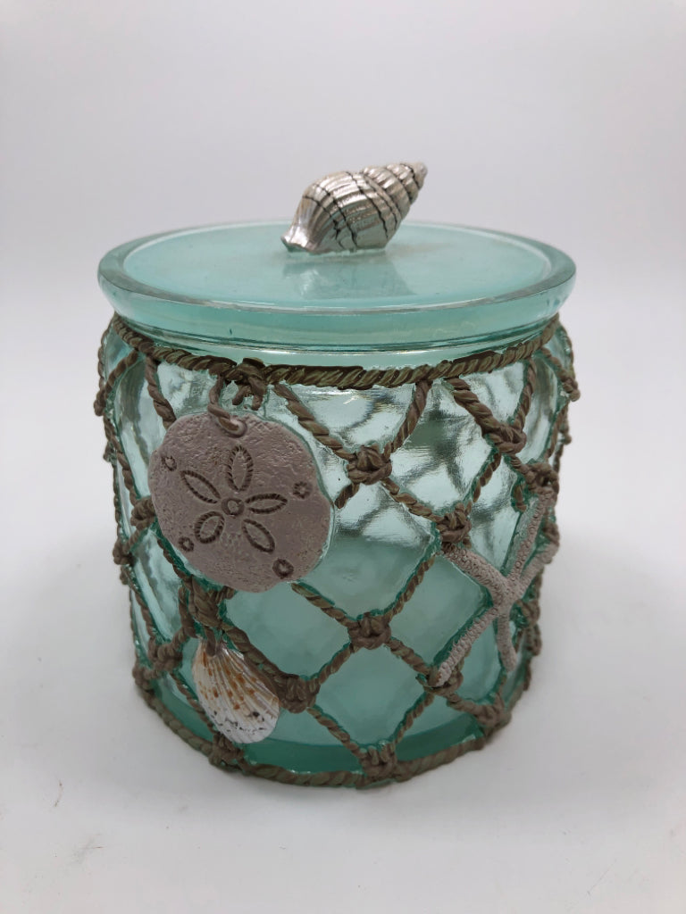 TEAL GLASS JAR W/SEASHELLS.