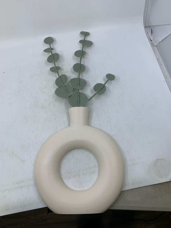 CREAM VASE W/ FAUX METAL EUCALYPTUS.