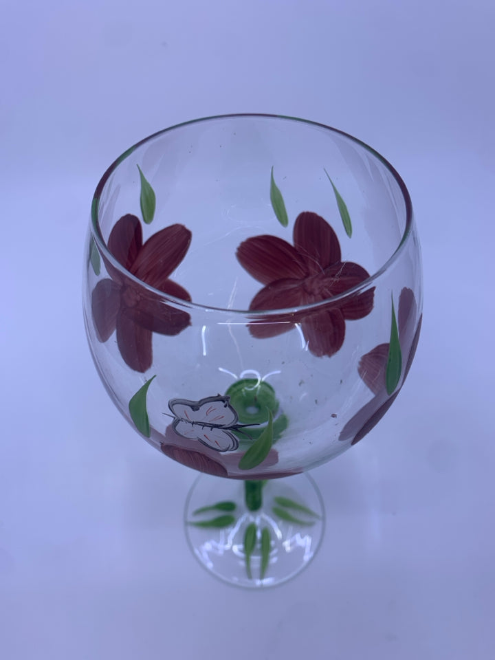 MAROON FLORAL PAINTED WINE GLASS.