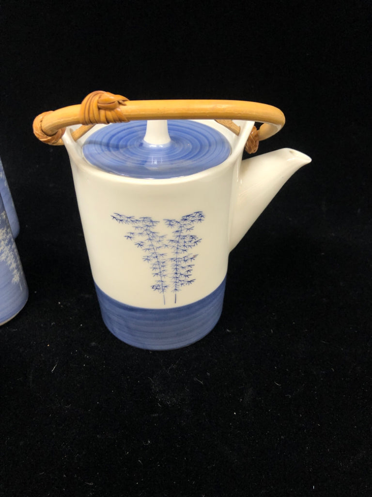 6PC BLUE JAPANESE TEAPOT SET W/PAINTED TREES.