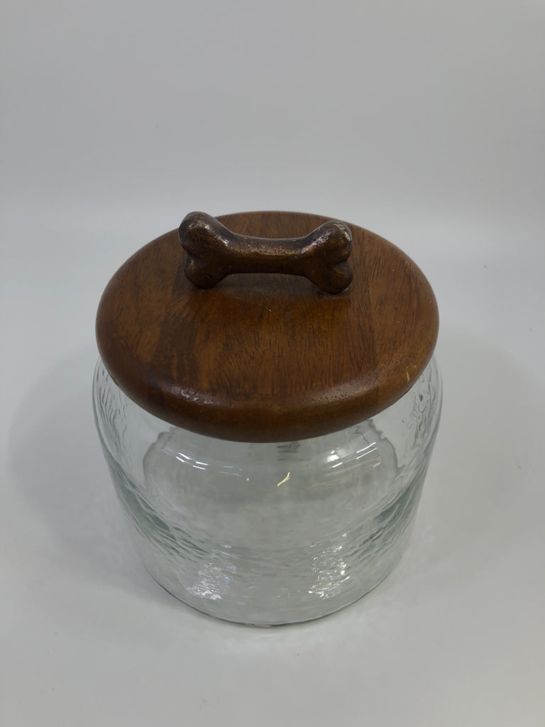 GLASS CANISTER W/WOOD TOP & BRONZE DOG BONE.
