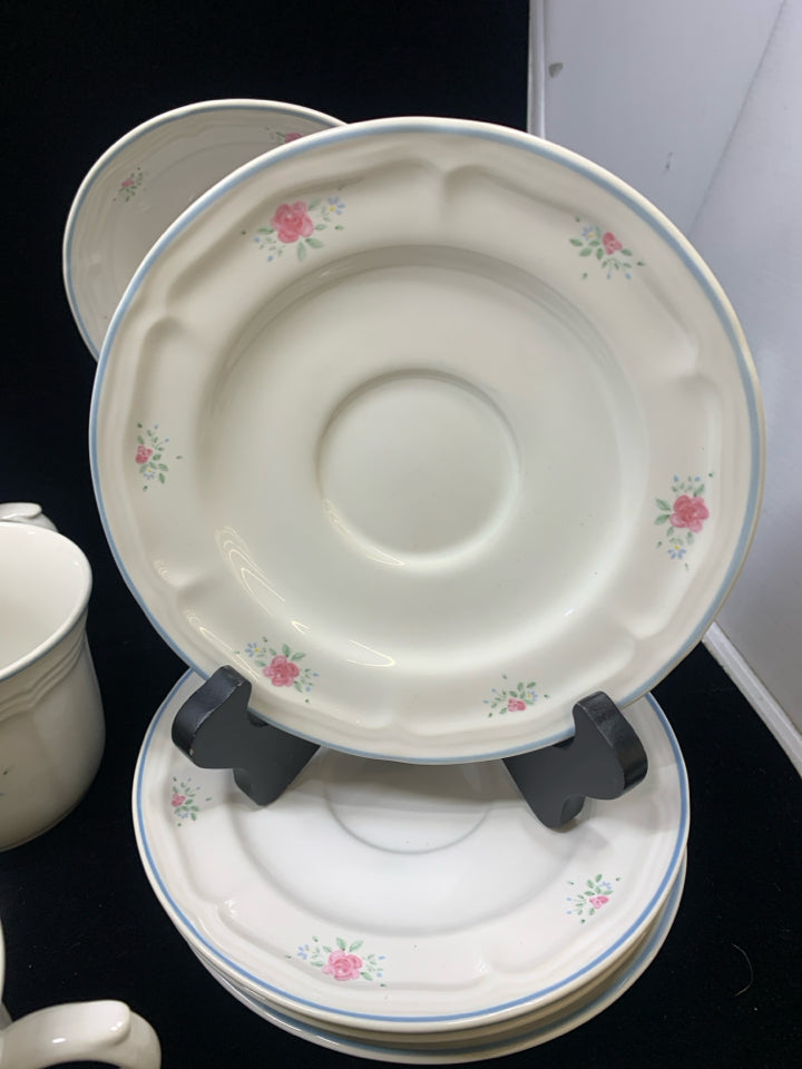 16PC WHITE & PINK FLORAL DISH SET W/BLUE RIM.