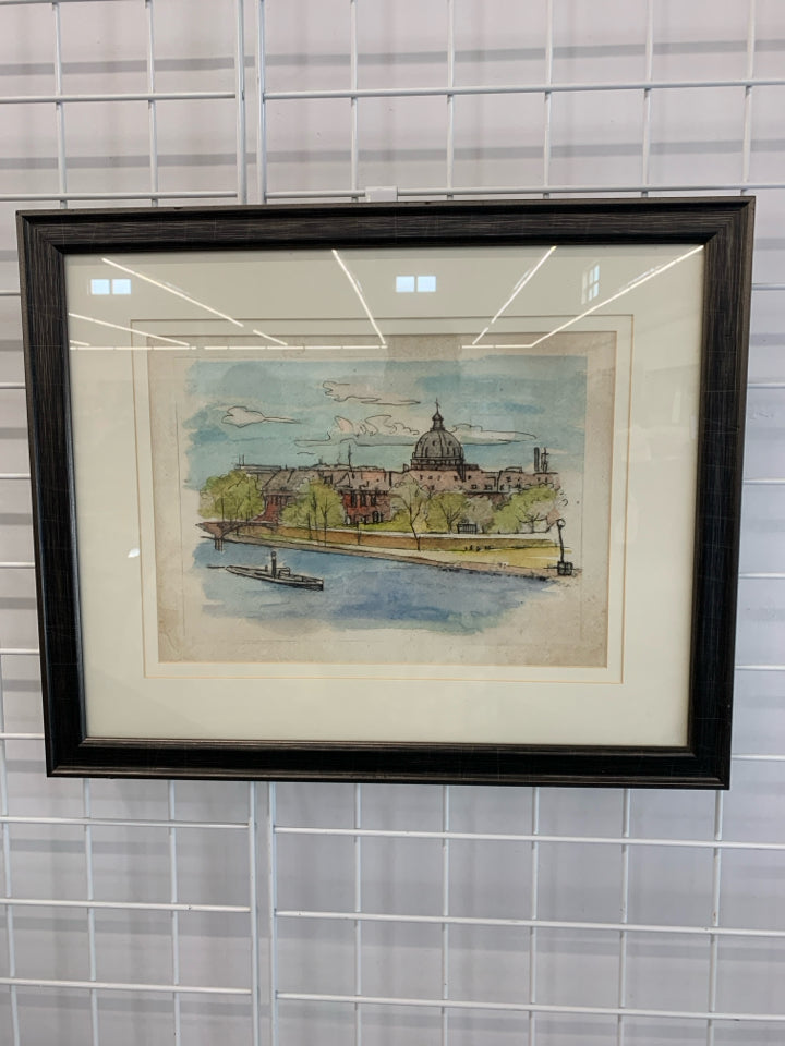 WATERWAY LANDSCAPE PRINT IN BLACK FRAME.