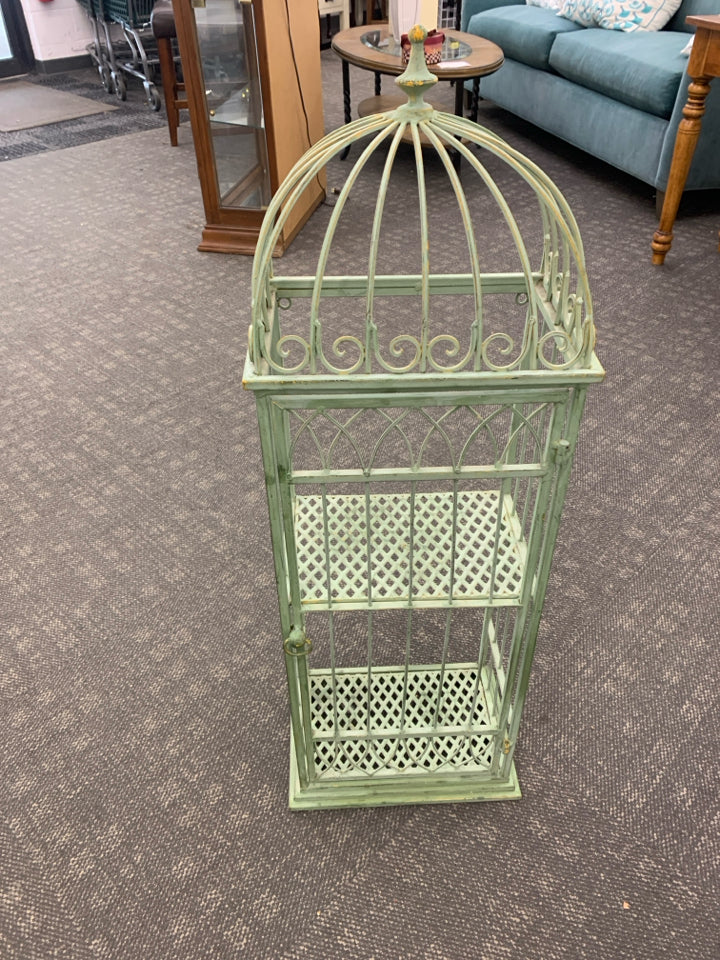 GREEN DISTRESSED 2 TIER METAL W/ DOOR FAUX BIRD CAGE.