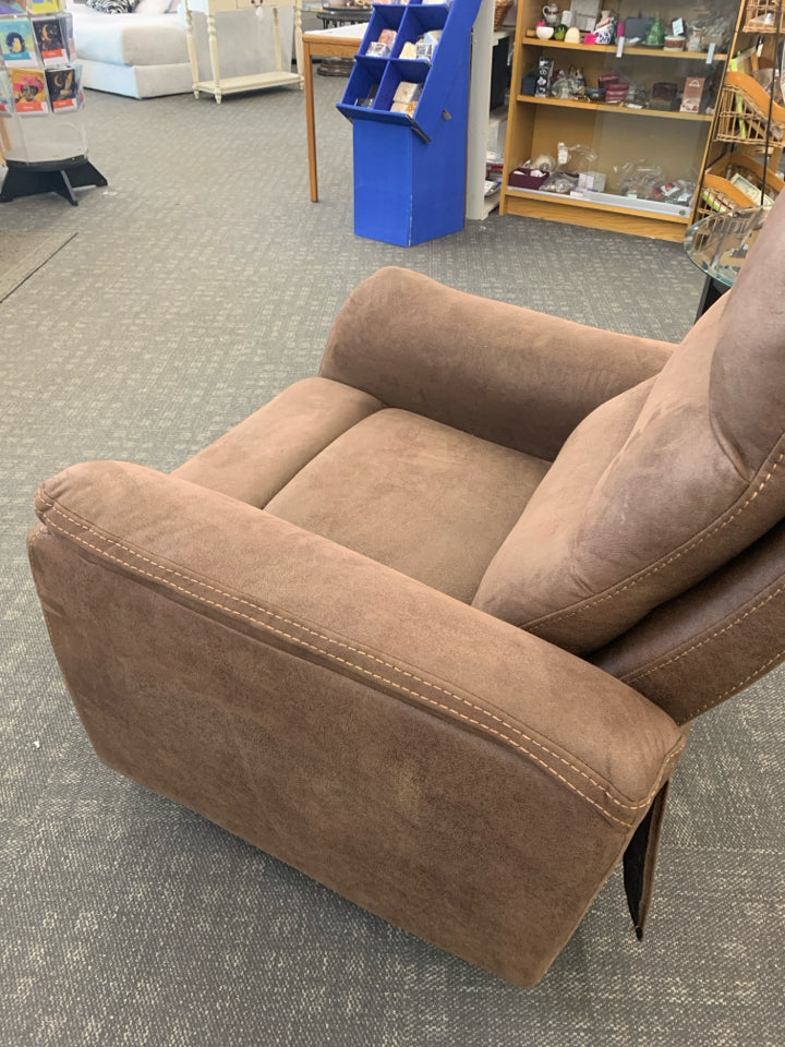 BROWN FAUX SUEDE SWIVEL RECLINER.