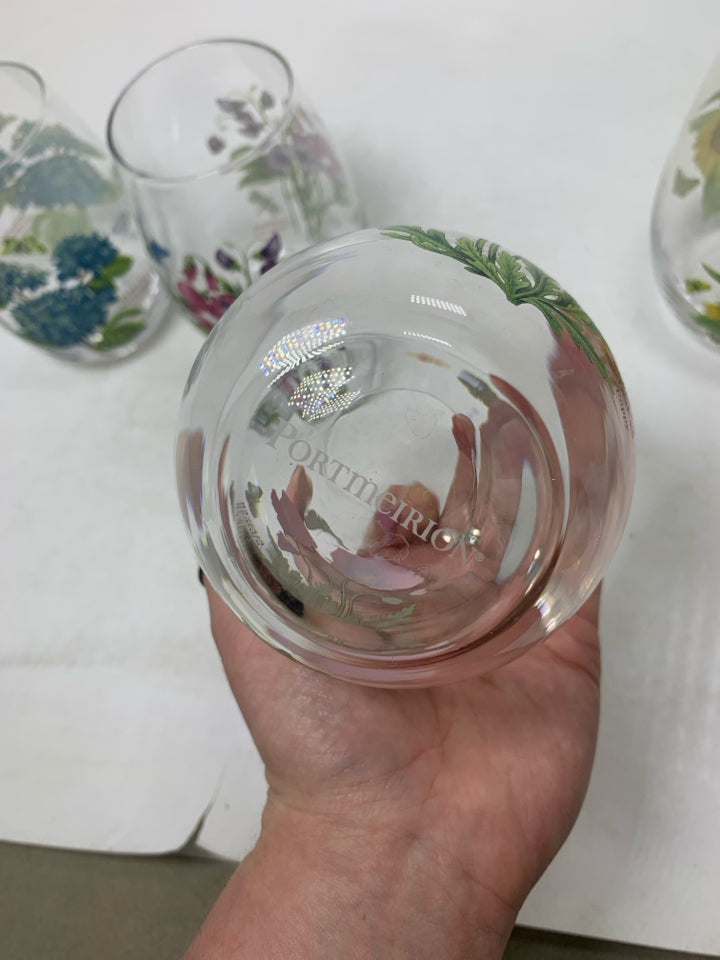 4 BOTANIC GARDEN STEMLESS WINE GLASSES ASSORTED.
