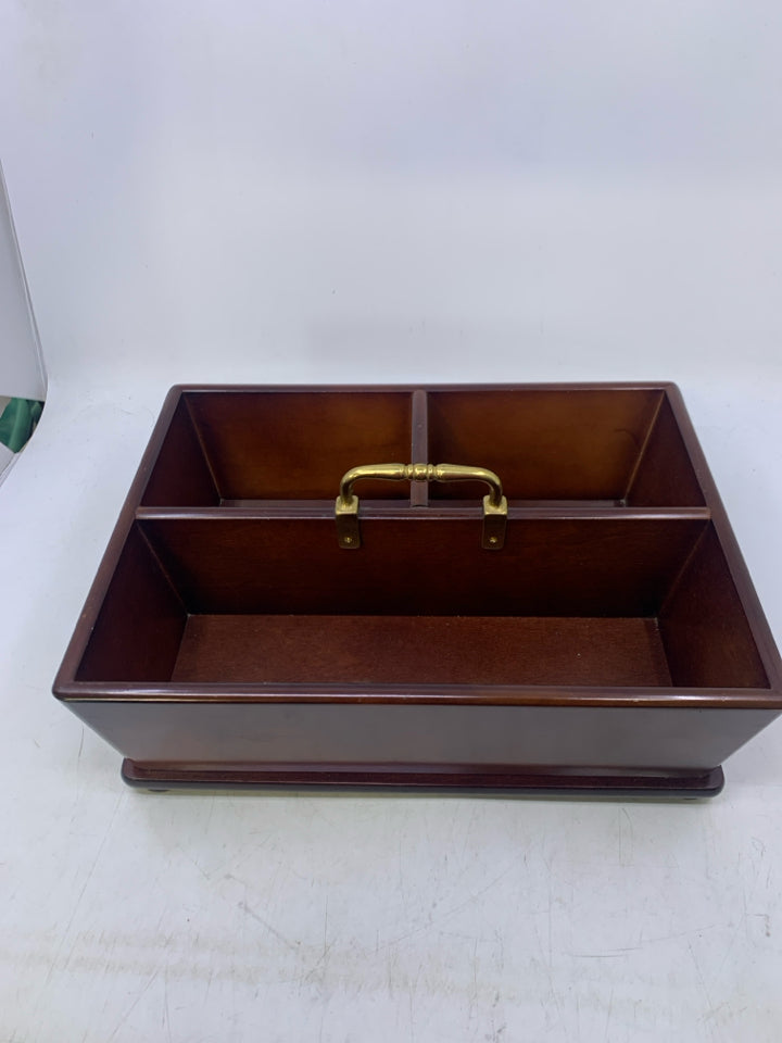 BROWN WOOD 3 DIVIDED TRAY W/ GOLD HANDLE.