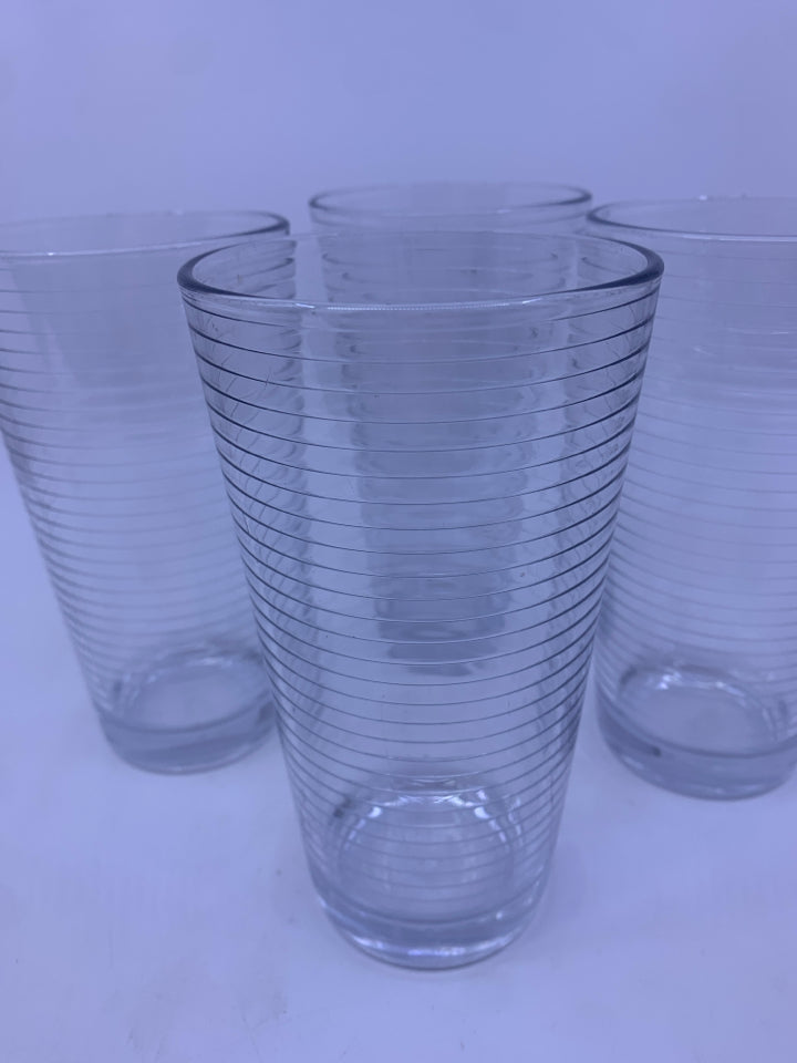 4 RIBBED GLASS WATER GLASSES.