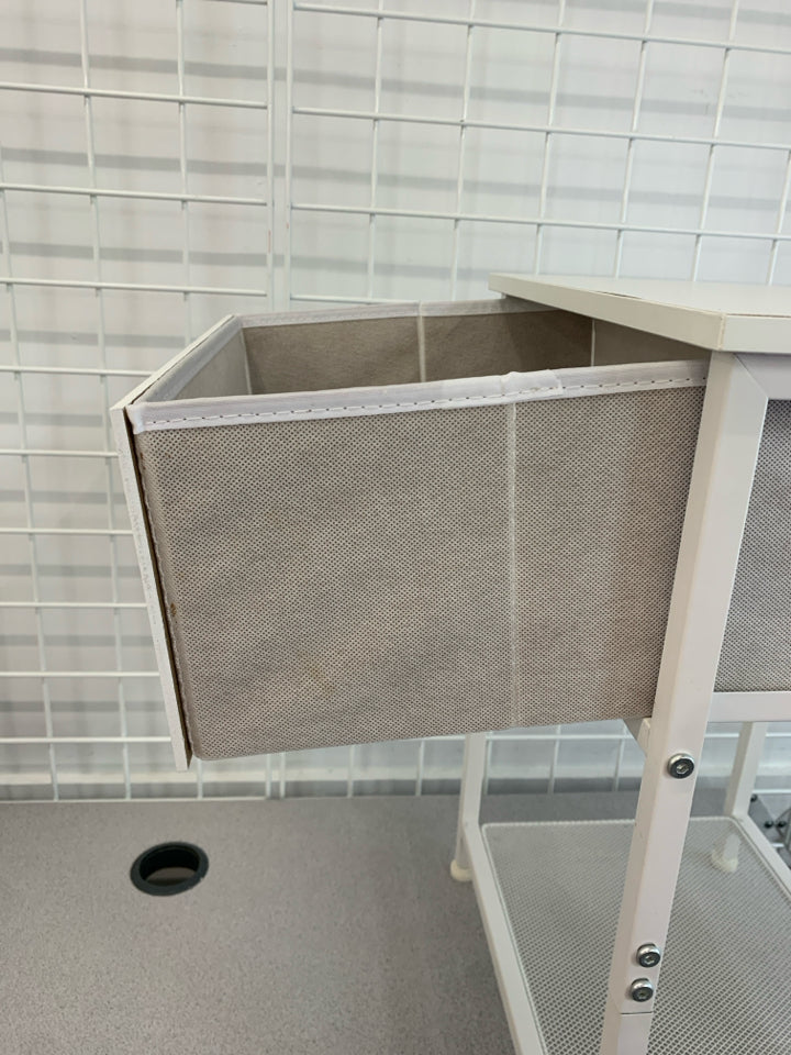 WHITE METAL FRAME NIGHTSTAND W/FABRIC DRAWER POWER OUTLET.