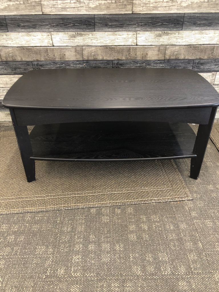 BLACK FAUX WOOD 2 TIER COFFEE TABLE W/ DRAWER.