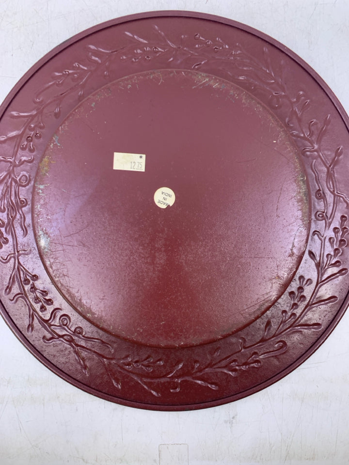 MAROON METAL W/ PIP BERRIES EMBOSSED EDGE CANDLE PLATE.