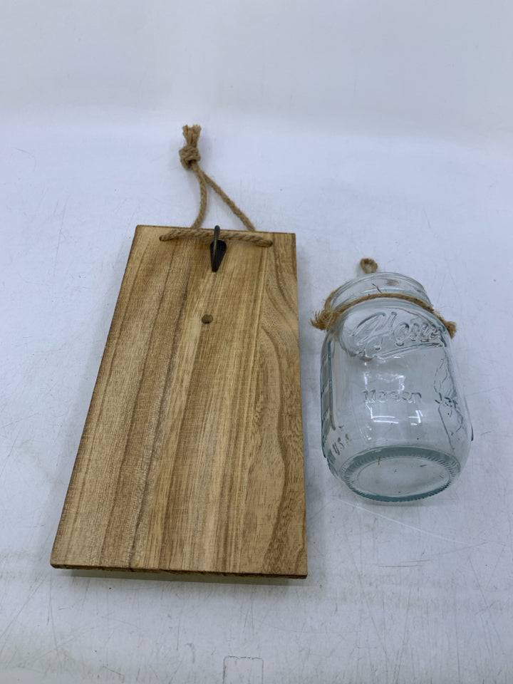 WOOD SLAB W/ HANGING MASON JAR WALL HANGING.