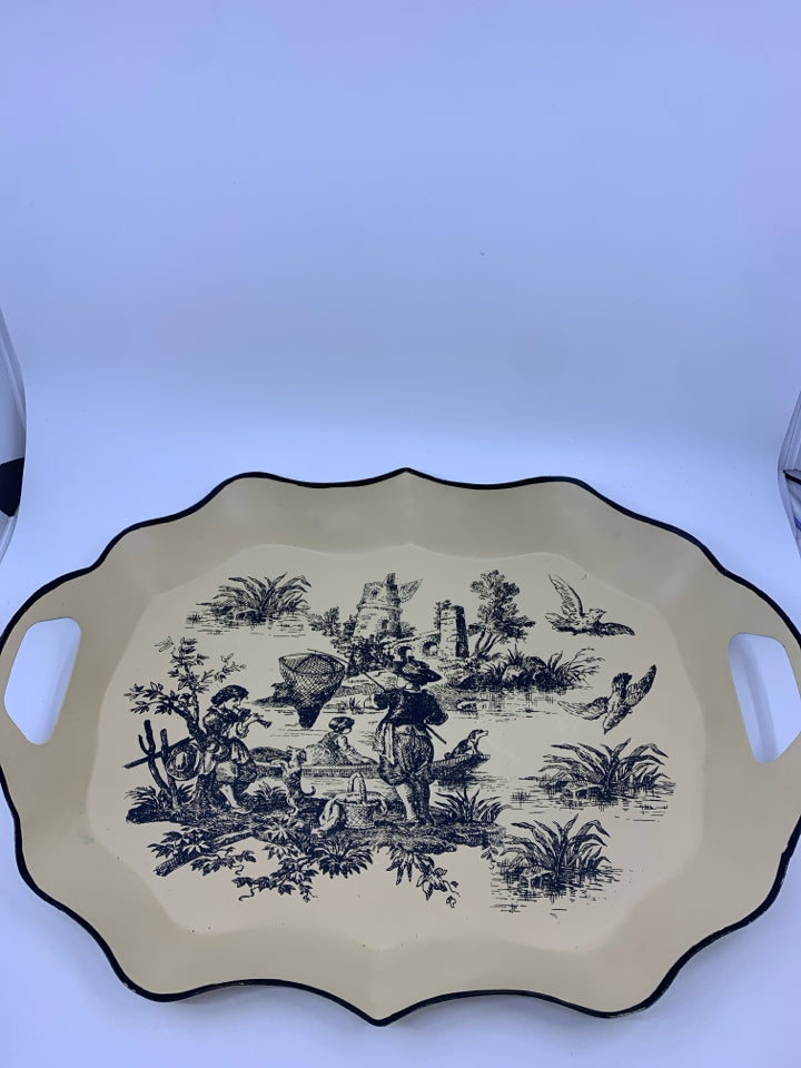 SERVING TRAY W/ BLACK AND WHITE NATURE SCENE TOILLE PRINT.