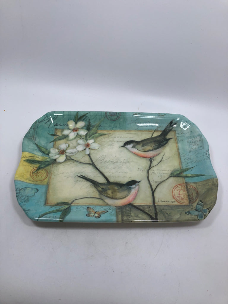 TEAL PLASTIC PLATE W/ CHICKADEES.