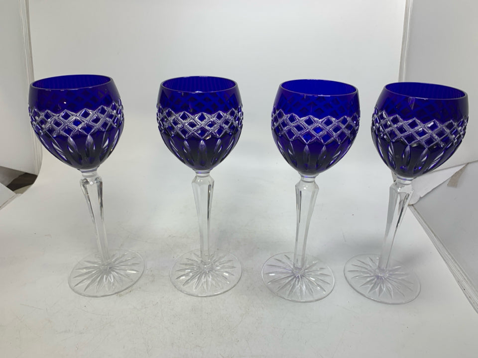 4 LONG STEM CRYSTAL COBALT BLUE WINE GLASSES.