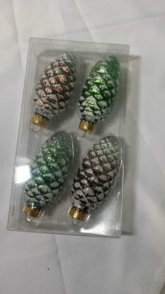NP 4 GLASS PINECONE ORNAMENTS.