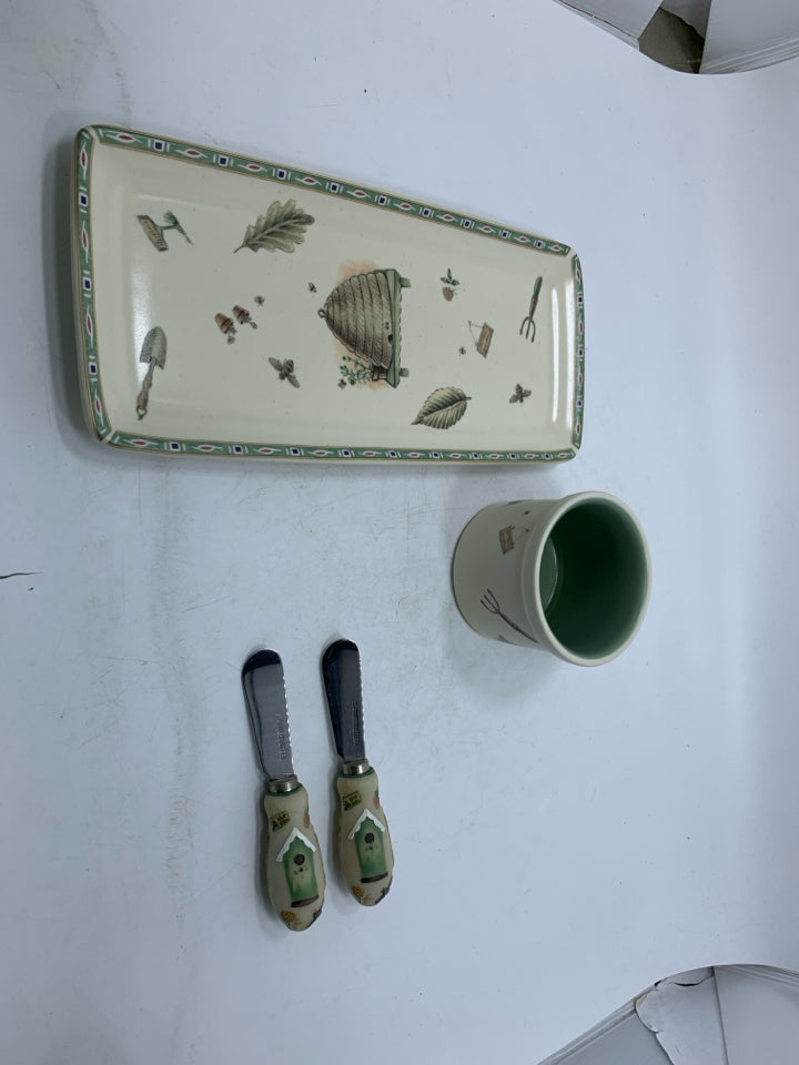 4 PC CHEESE PLATE W/ BOWL & 2 SPREADERS GARDEN THEMED.