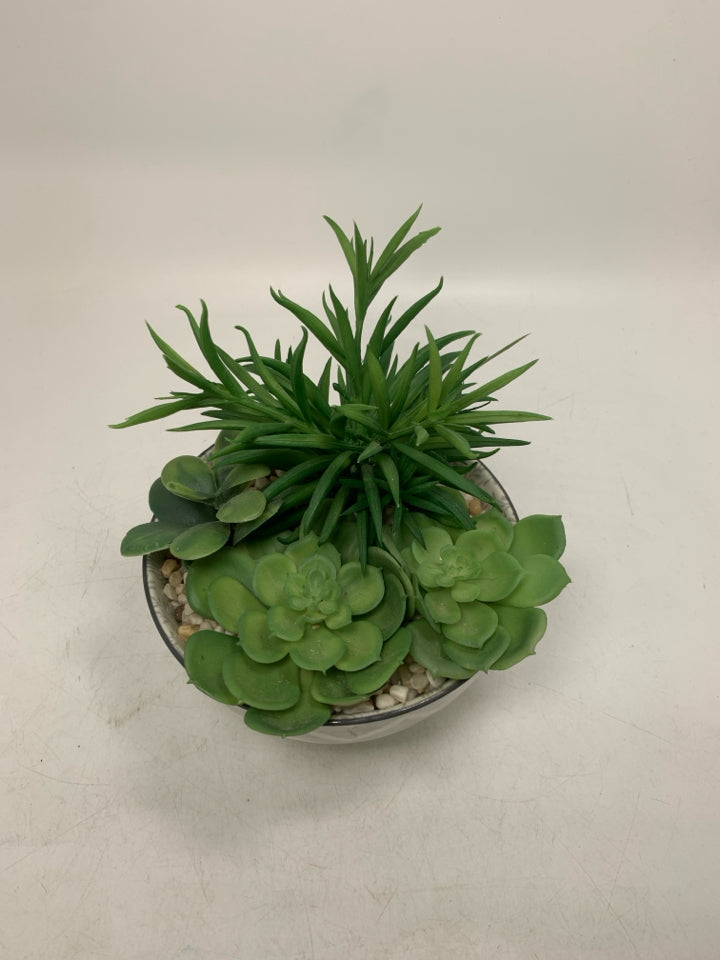 GREY ZIG ZAG BOWL W/ FAUX SUCCULENTS.