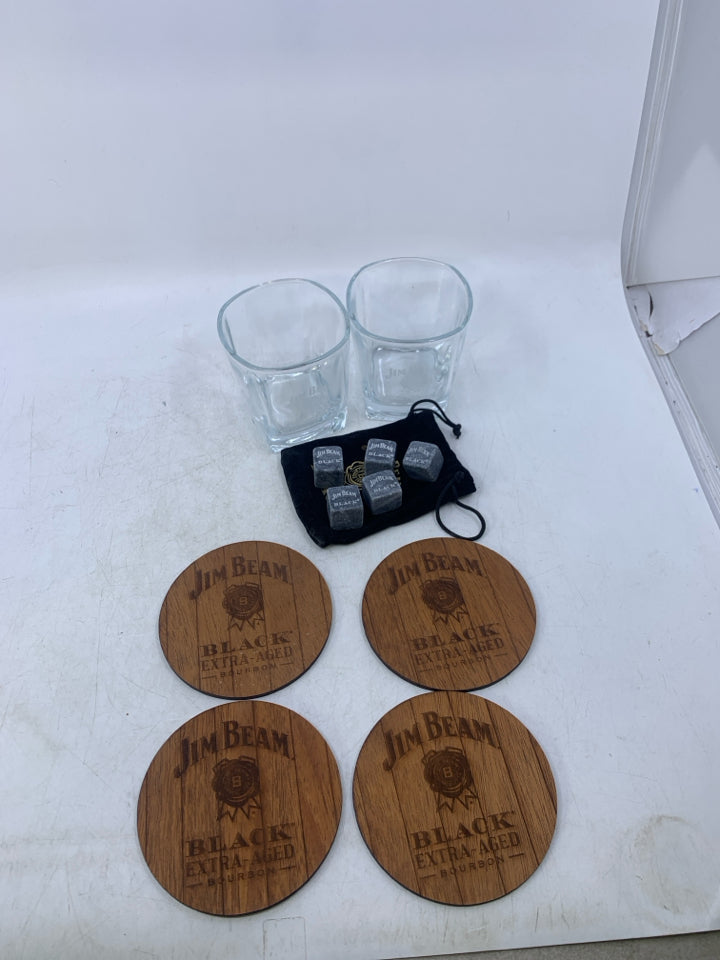 5 PC JIM BEAM GLASSWARE SET W/ COASTERS/WHISKEY STONES IN BAG.