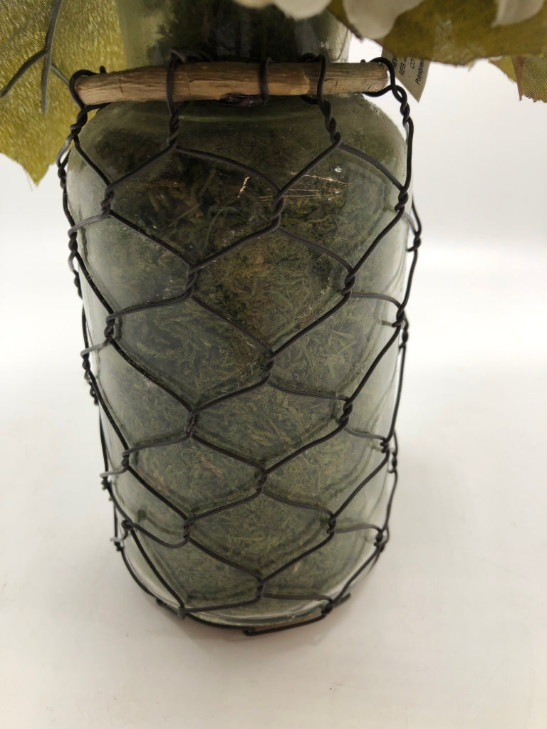 MUTED FAUX FLORALS IN GLASS/WIRE JAR.