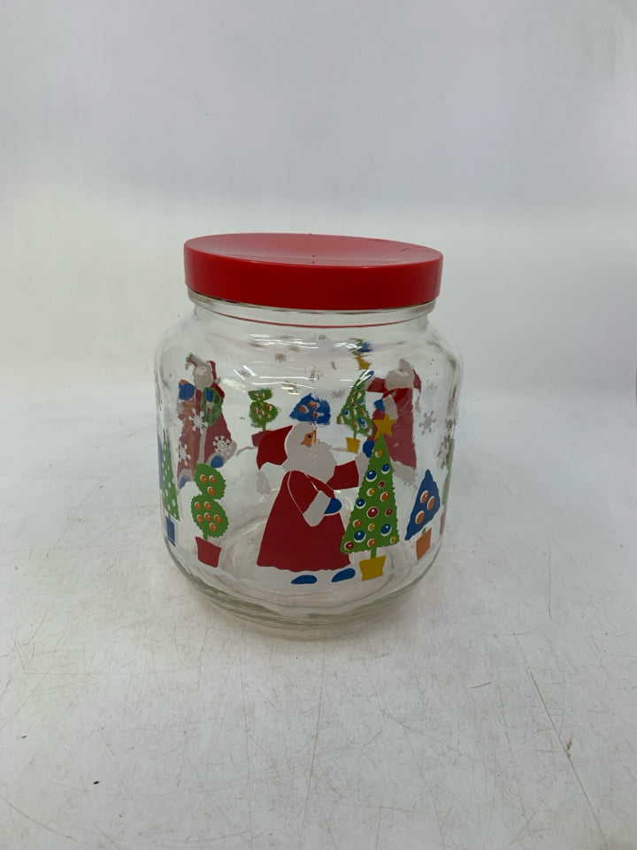 CLEAR GLASS W/ RED LID & PRINTED SANTA/ TREES.