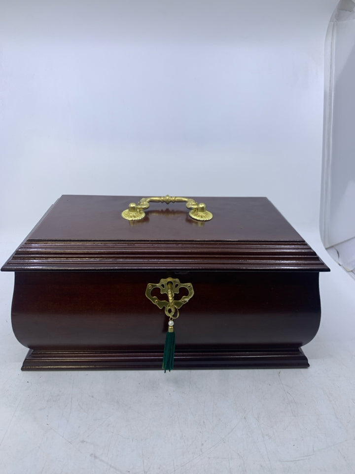 DARK BROWN WOOD W/ GREEN FELT LOCKS W/ KEY GOLD METAL HARDWARE.