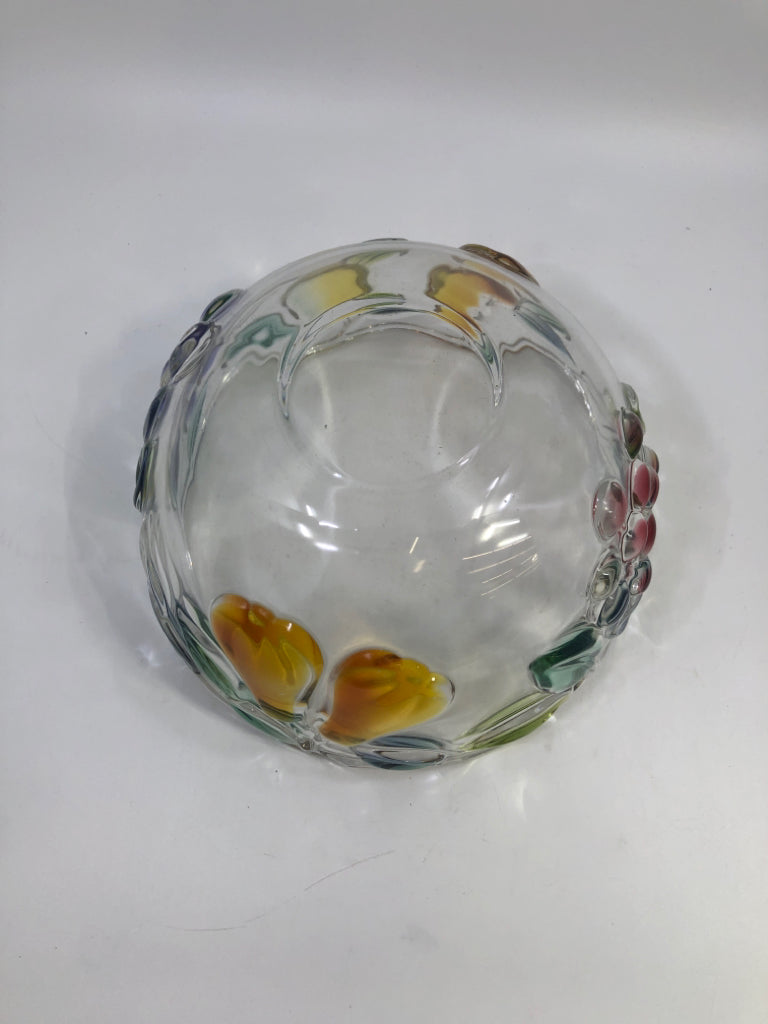 GLASS WAVY CUT BOWL W/ COLORED GLASS FRUIT.