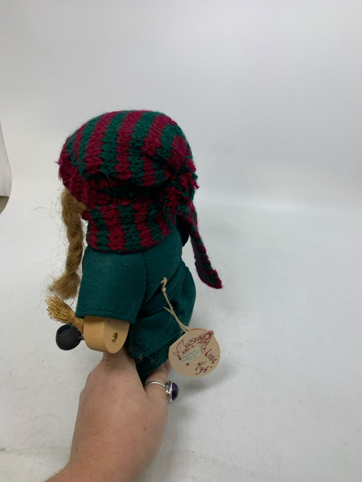 NWT LIZZIE HIGH WOOD DOLL W/ GREEN JUMPSUIT BRAIDS.