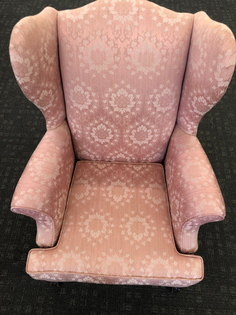 VTG PINK CLAWFOOT WING BACK ACCENT CHAIR.