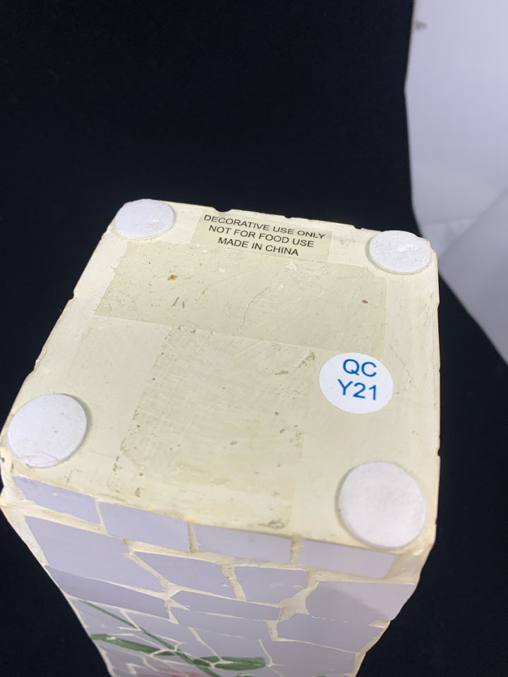 WHITE MOSAIC VASE W/PINK FLOWERS.