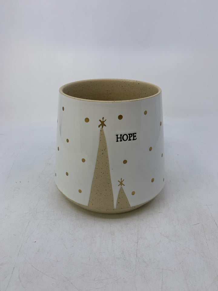 WHITE PLANTER W/ TAN SPECKLES CHRISTMAS TREE "HOPE".