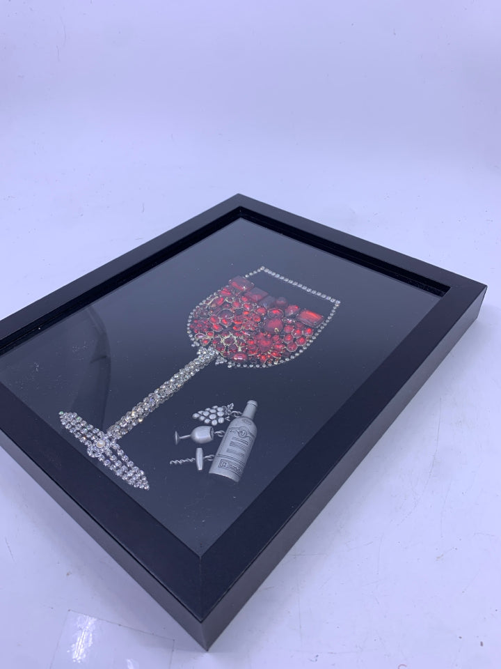 BEDAZZLED WINE GLASS RED/SILVER BLACK FRAME WALL HANGING.
