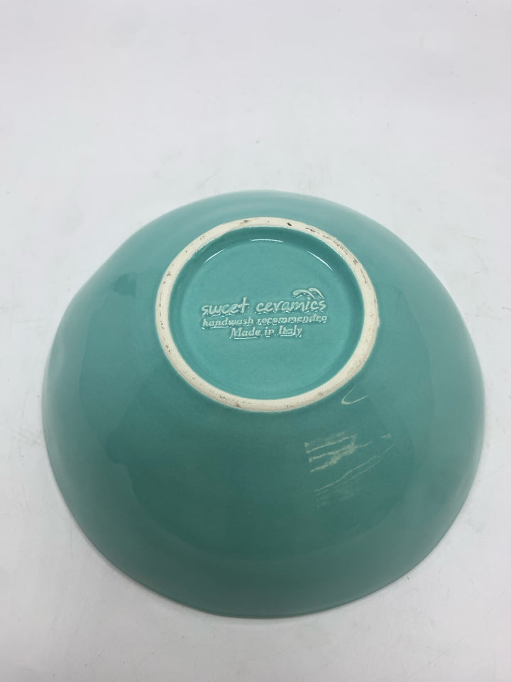 7 TEAL FLORAL EMBOSSED BOWLS.