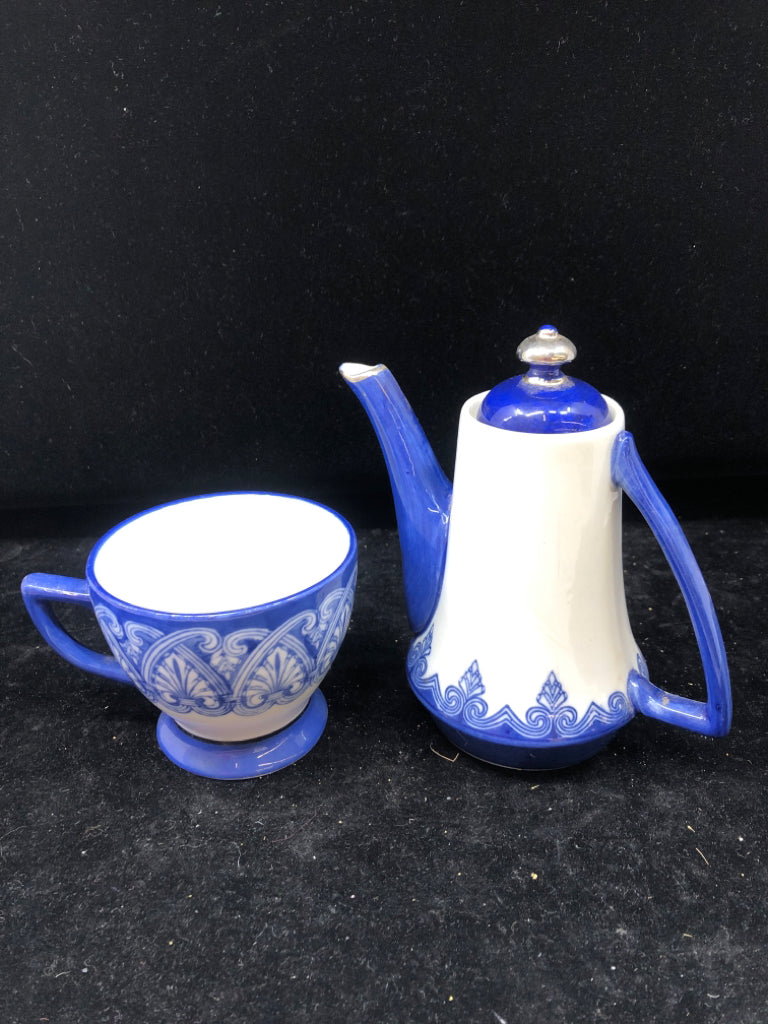 2PC BLUE AND WHITE TEACUP AND TEAPOT.