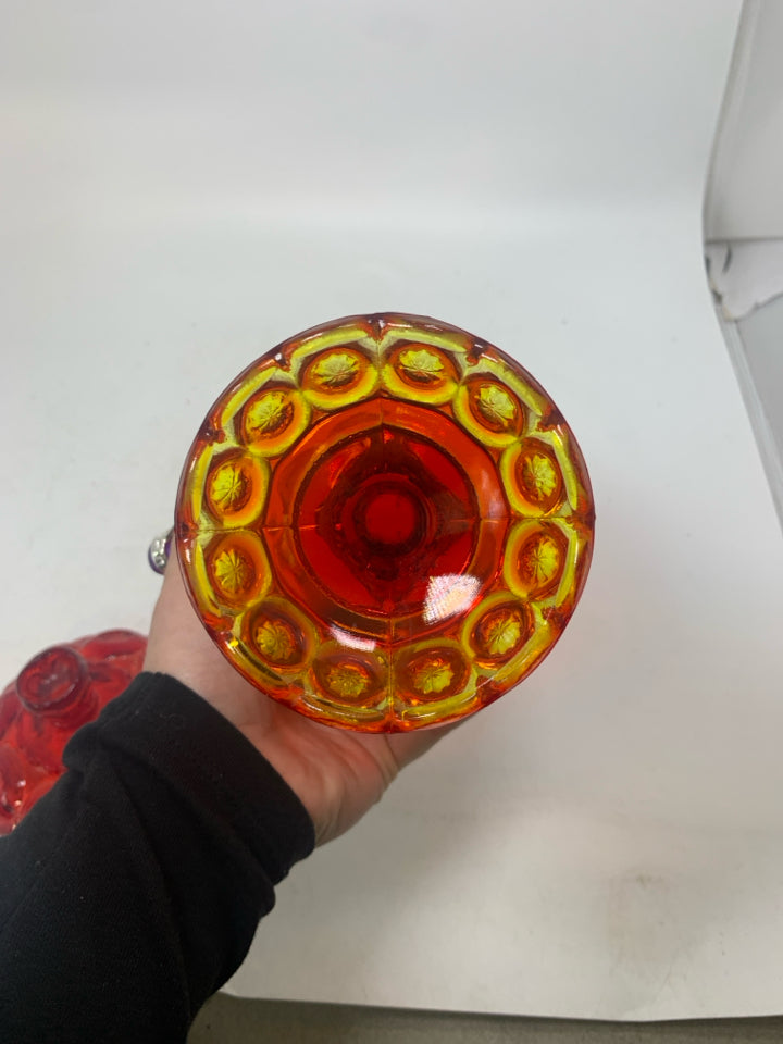 VTG MOON & STARS AMBERINA FOOTED COVERED CANDY DISH.