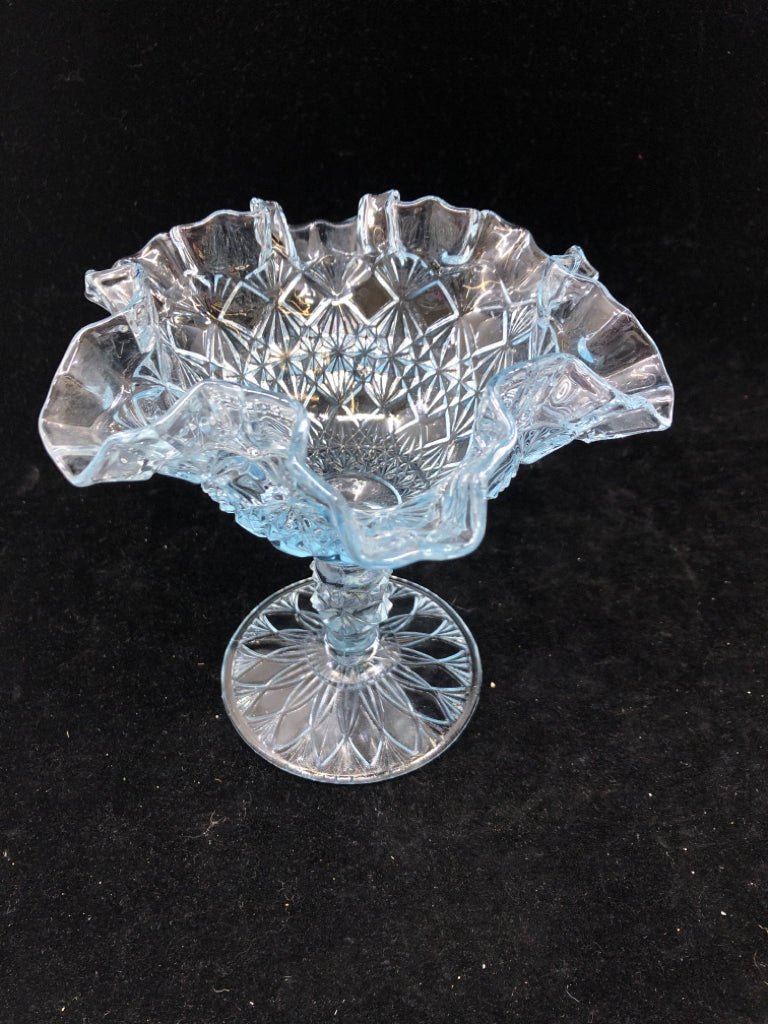 VTG FOOTED BLUE TINT BOWL W/RUFFLED EDGE FENTON.