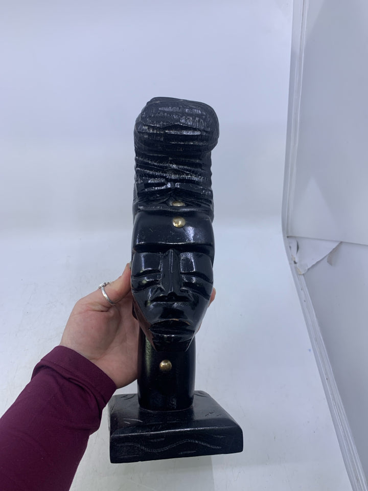 LARGE BLACK CARVED WOOD HEAD W/ METAL EARRINGS FOLK ART.
