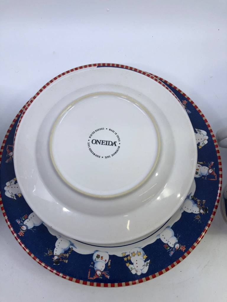 16 PC SVC 4 PRIMITIVE SNOWMAN DINNER,LUNCH,BOWLS,MUGS.