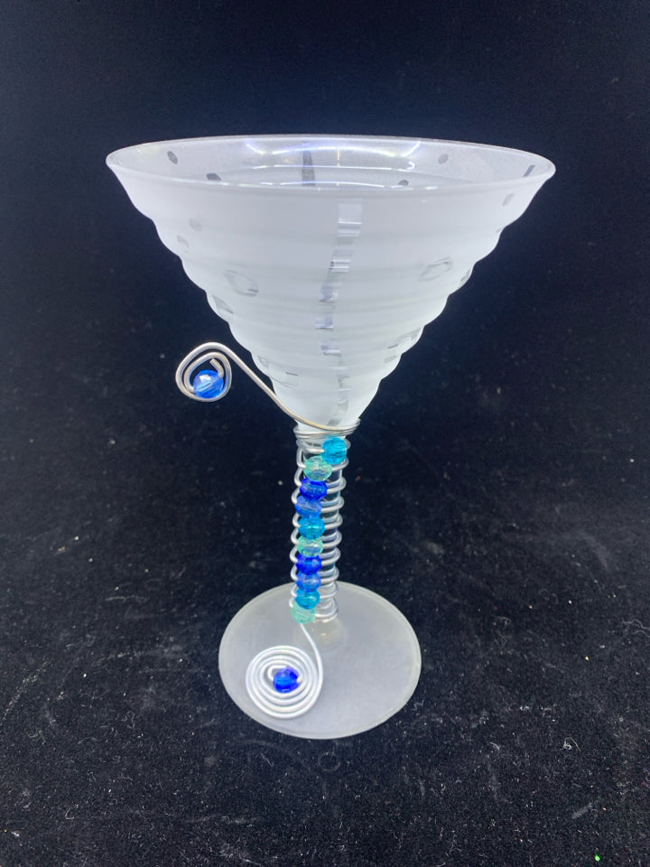 2 FROSTED GLASS W/BLUE BEADS MARTINI GLASSES.