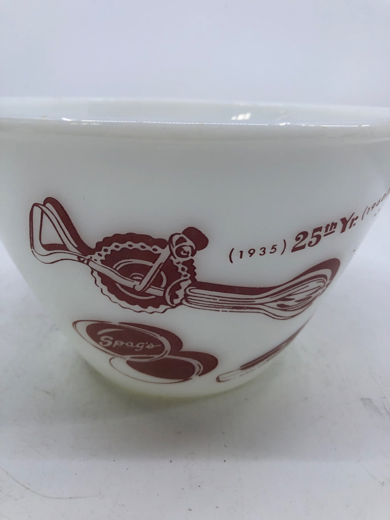 VTG 1960 25th ANNIVERSARYSPAG'S WHITE W/ ASSORTED MAROON KITCHEN UTENSILS.