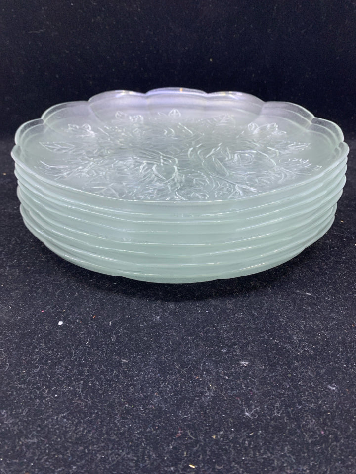28 PC SVC 8 FROSTED ROSE PATTERNED GLASS DINNER PLATE, SERVING PLATE, BOWL, MUGS